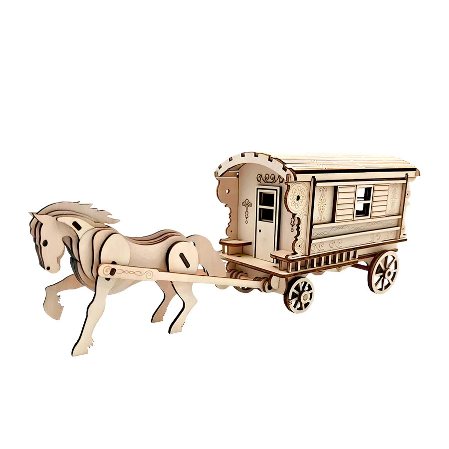 OUZEY DIY Wooden Blocks Antique Horse Carriage Wooden Model, 3D Fairytale Puzzle Kit, Romantic Collectible Gift for Adults