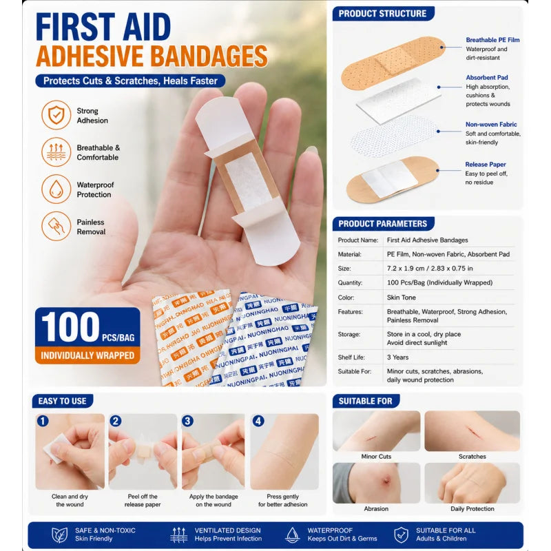 100PCS Waterproof First Aid Adhesive Bandages Breathable Wound Care Plasters Cushioned Dressings for Cuts Scratches