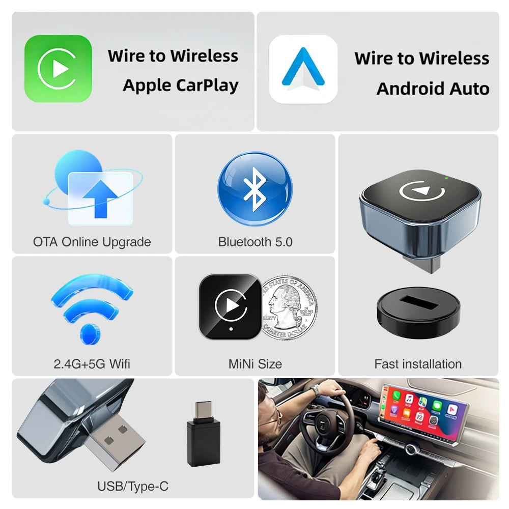 Wireless CarPlay Dongle 2 IN 1, Wired to Wireless Smart Box, Dual System Adapter for Original Wired CarPlay Vehicles