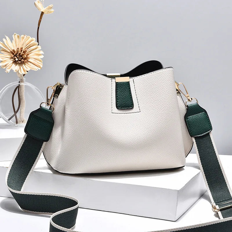 Minimalist Bucket Bag with Contrast Colors Strap & Hardware, Soft Textured Leather, Adjustable Crossbody Strap for Daily Wear