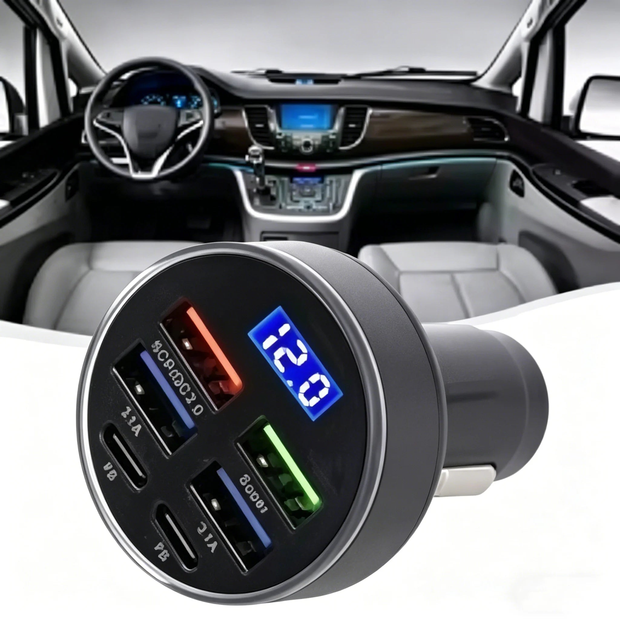 300W PD Car Charger QC3.1 Fast Charge 4USB+2PD ports Car Cigarette Lighter Plug Car Charger Flash Charge with Digital Display