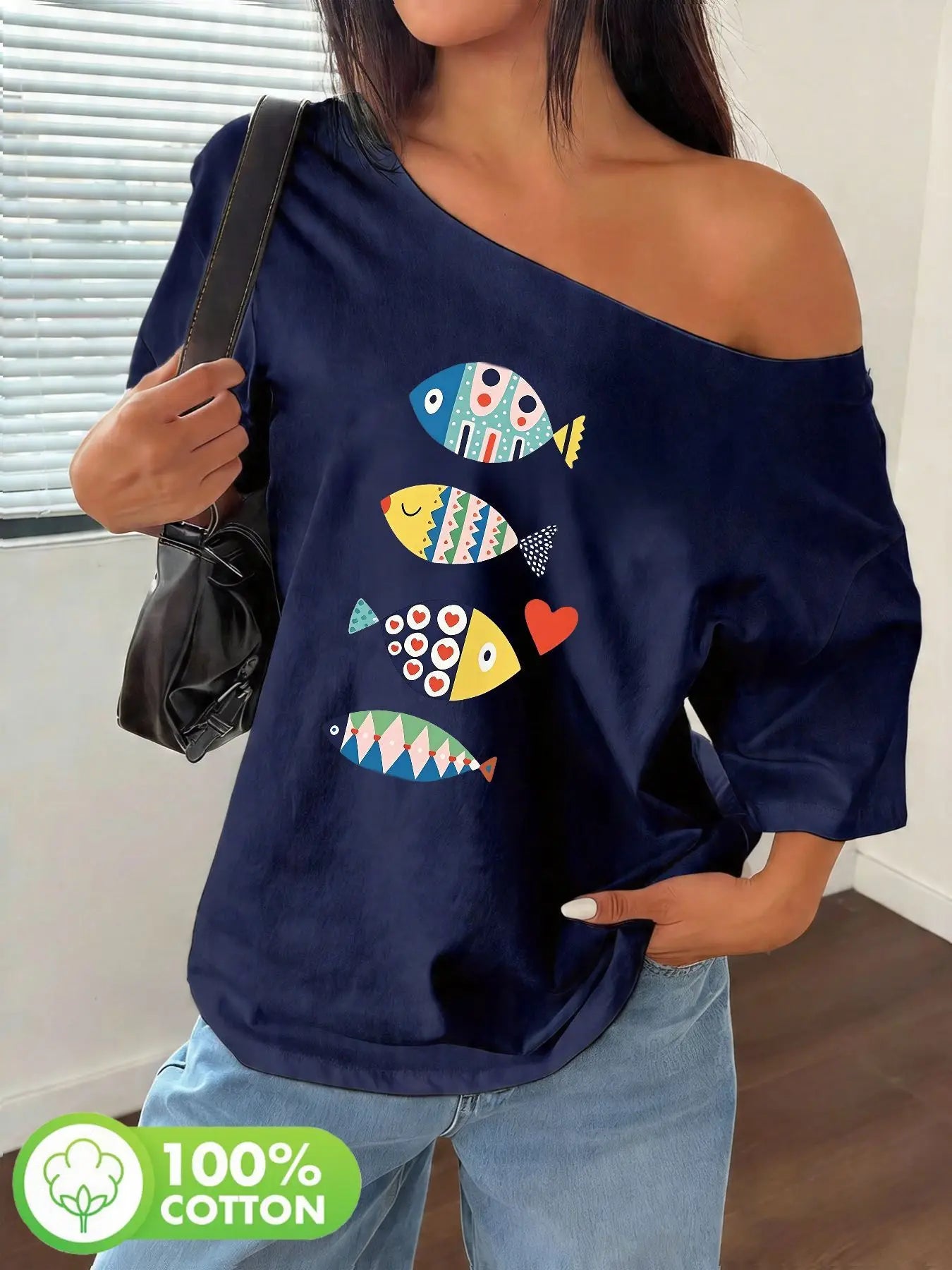Plus Size Vertical Colorful Geometric Fish Pattern Print T-Shirt Oversized Y2K Style Graphic Tees Women Tops Summer Off The S