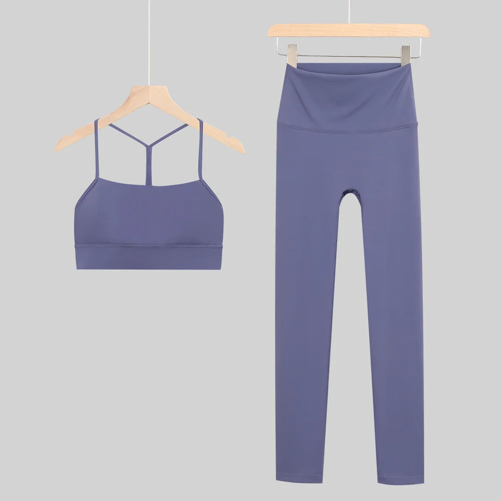 New Yoga Women Vest Gym Top Y-shape Bra Set Comfortable Running Fitness Cropped Pants Sportswear