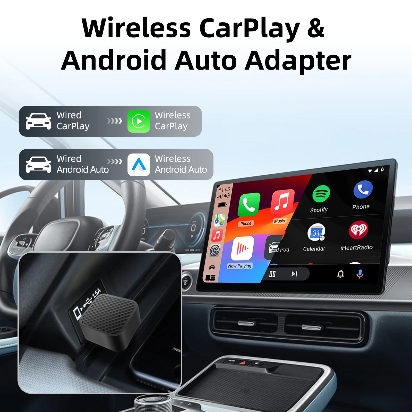 Android Smart Dongle for Almost All Kinds of Factory Wired Car, Wireless CarPlay Android Auto Adapter 2 in 1