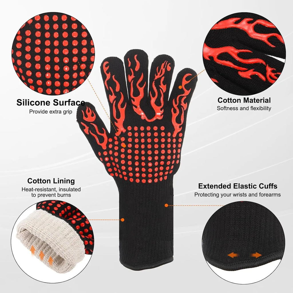 BBQ Gloves 1472℉ Heat Resistant Oven Gloves Silicone Non-Slip Kitchen Oven Mitts for Smoker, Barbecue, Baking, Cooking, Grilling