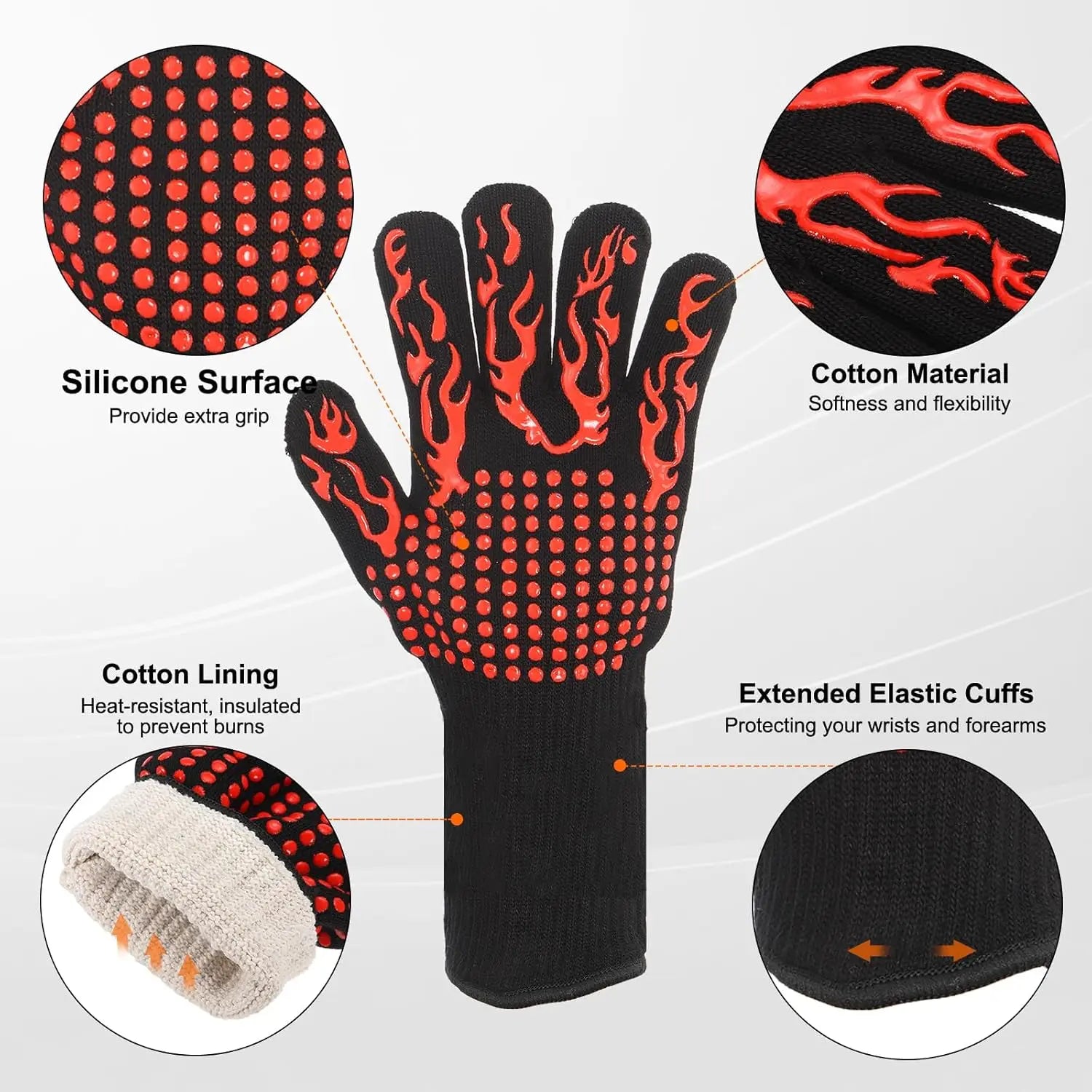 BBQ Gloves 1472℉ Heat Resistant Oven Gloves Silicone Non-Slip Kitchen Oven Mitts for Smoker, Barbecue, Baking, Cooking, Grilling