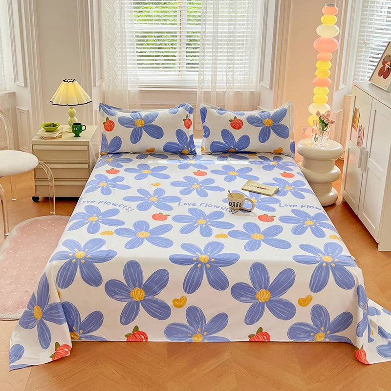 1PC or 3PCS Bed Flat Sheet Pillowcases Bed Cartoon Printed Top Sheets Single/Queen/King Flat Bedsheets Home Bed Linen Sheets