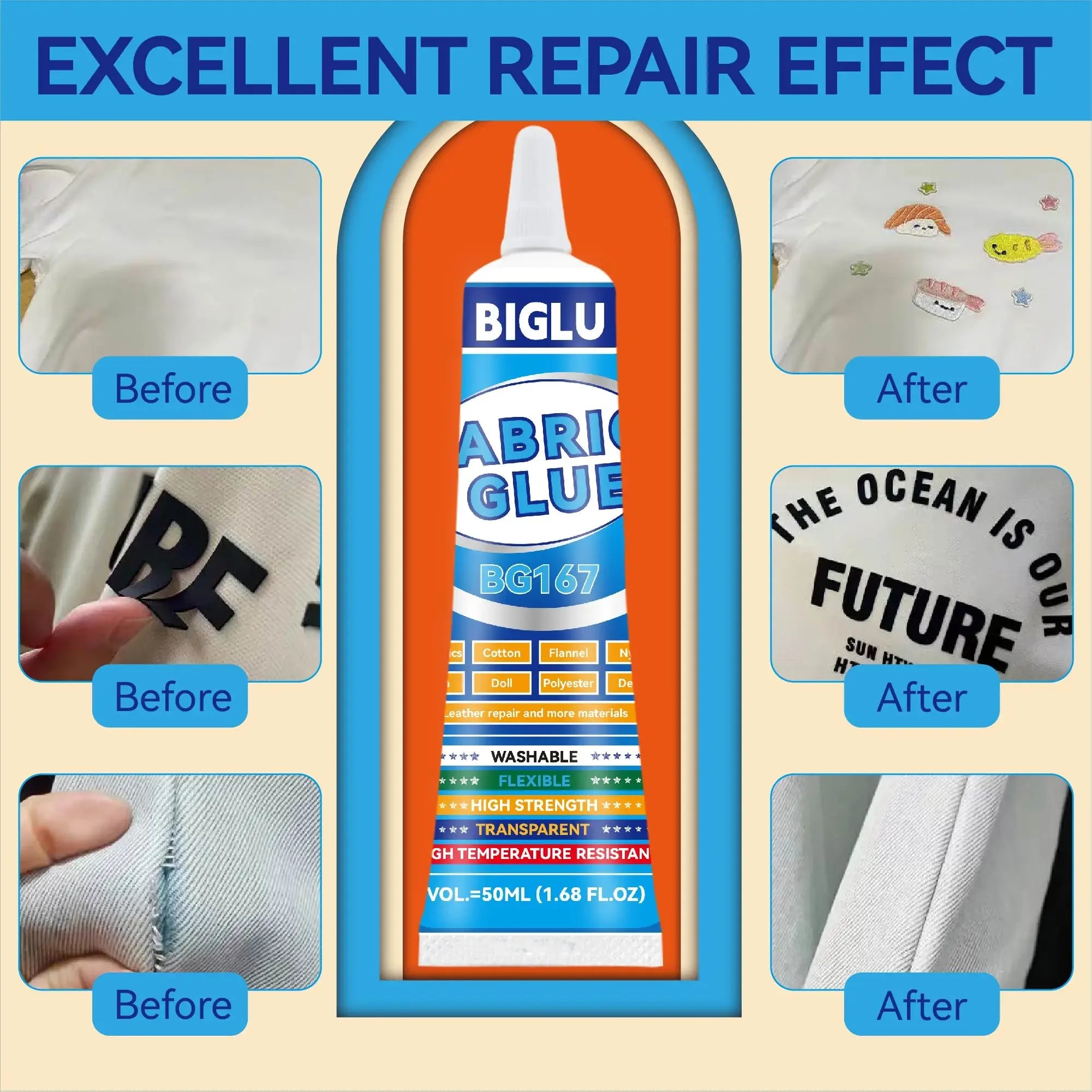 BIGLU 50ml Fabric Glue For All fabrics Cotton Flannel Nylon Cloth Doll Polyester Denim Leather Repair Multi-purpose Adhesive