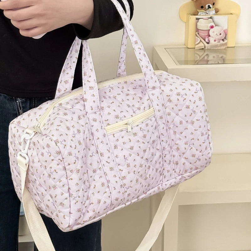Tiny Floral Quilted Duffle Bag with Luggage Sleeve,Detachable Shoulder Strap Soft  Large Capacity Handbag for Women Short Travel