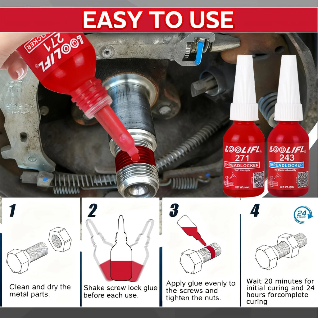 Large Package - Outdoor Portable Glue, Medium-Strength Anaerobic Removable Blue Glue, Oil-Resistant, Vibration-Resistant + High-Strength Red Permanent Screw-Locking Glue Combo, 10ml Capacity, Removable