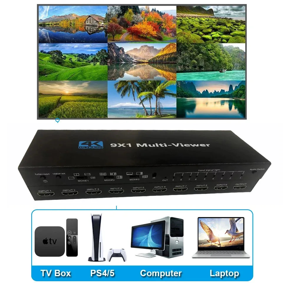 4K 4x1 9x1 HDMI Quad Multiviewer 4 9 Screen 9x1 Seamless Switch 9 In 1 out with Remote for Camera Monitor Switch Adapter
