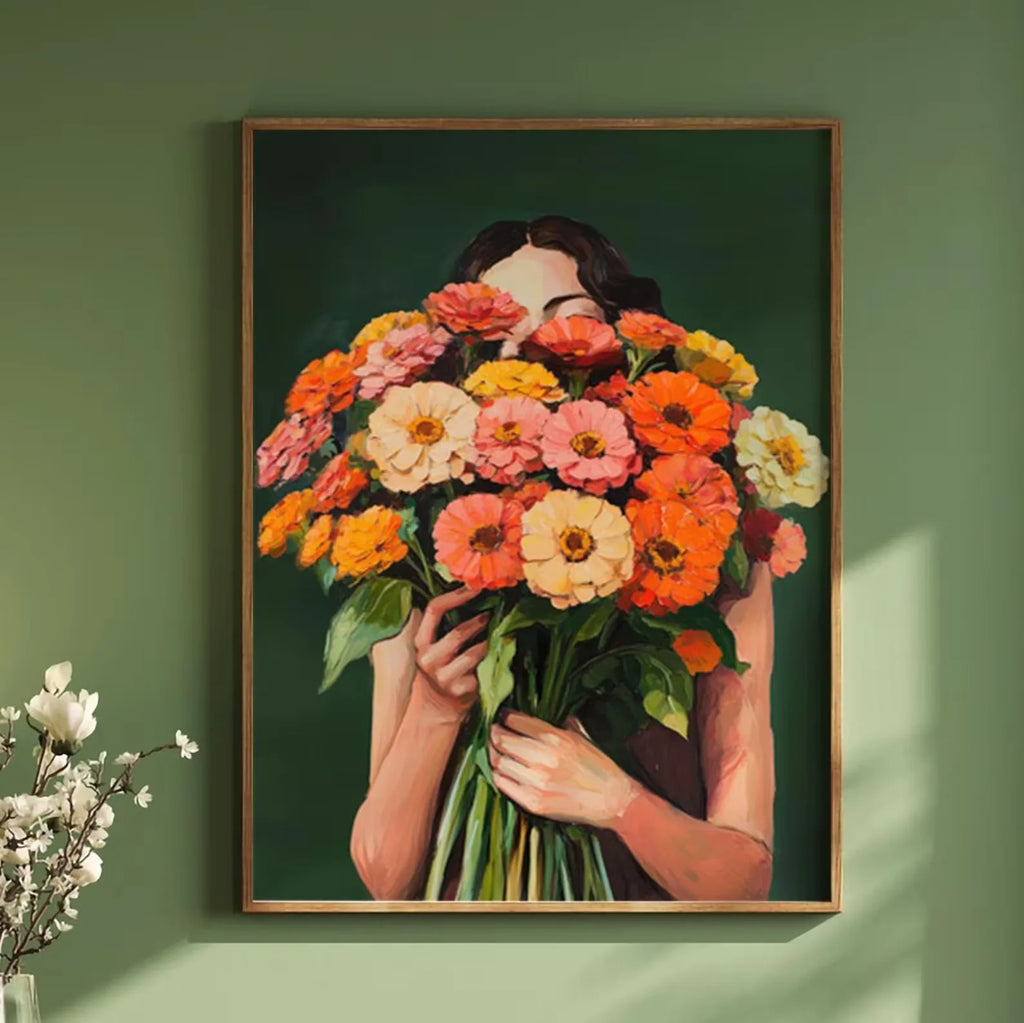 Green Abstract Figures Canvas Print with Flower Woman Minimalist Japandi Female Portrait Art Poster for Modern Living Room Decor