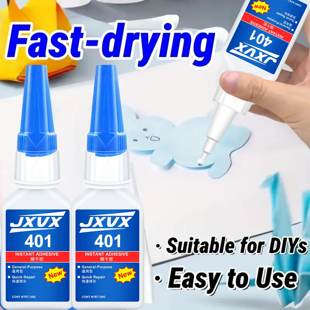 New and updated 401 super acrylate adhesive, instant drying in 5 seconds, waterproof, good stability, full bonding tool. Suitable for wood, plastic, ceramics, metal, rubber and so on.