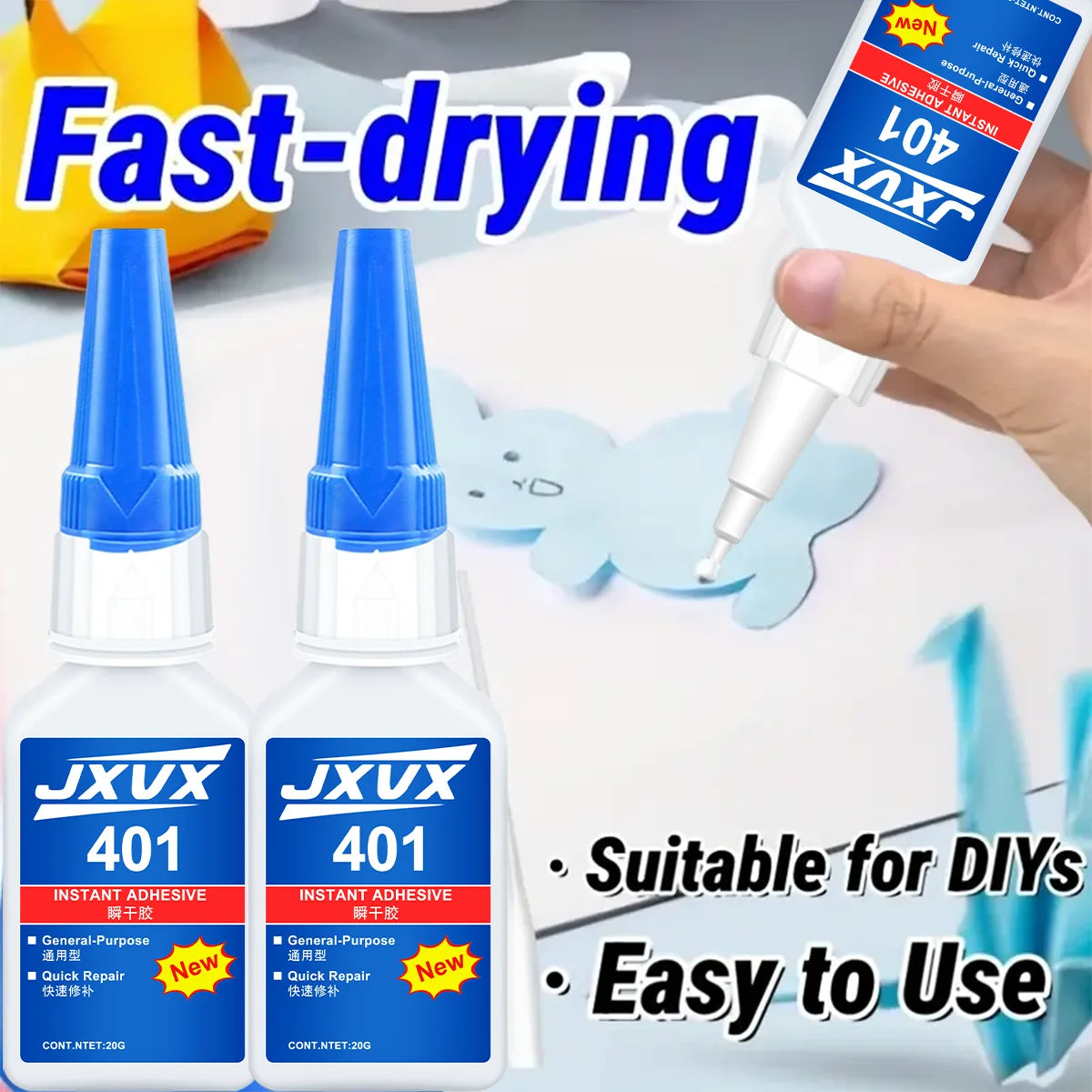 New and updated 401 super acrylate adhesive, instant drying in 5 seconds, waterproof, good stability, full bonding tool. Suitable for wood, plastic, ceramics, metal, rubber and so on.