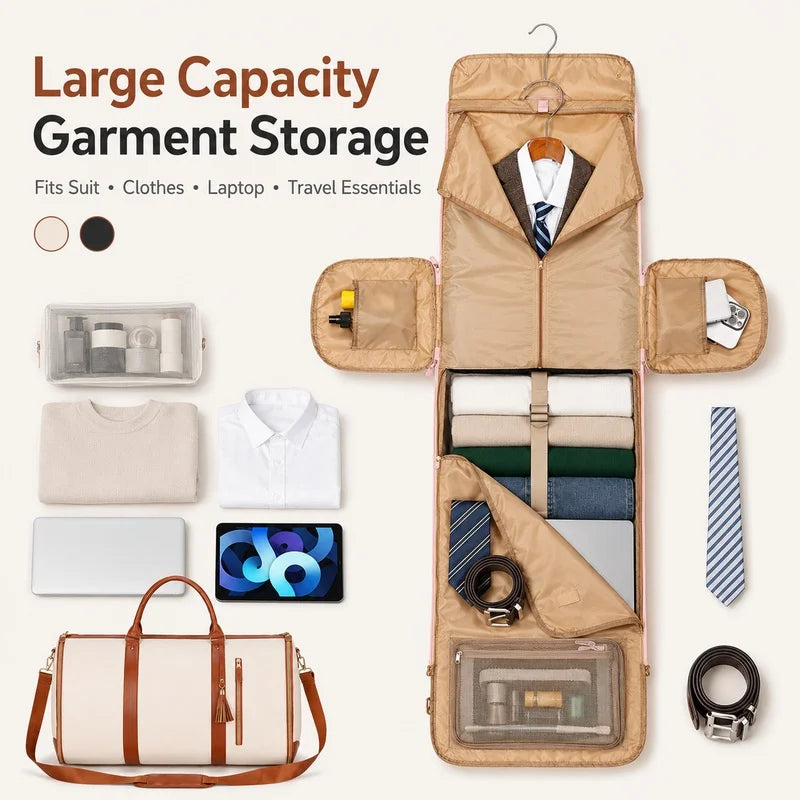 Foldable Garment Travel Bag, PU Leather Suit Duffel Bag Large Capacity Weekender Carry On Gym Bag for Men Women