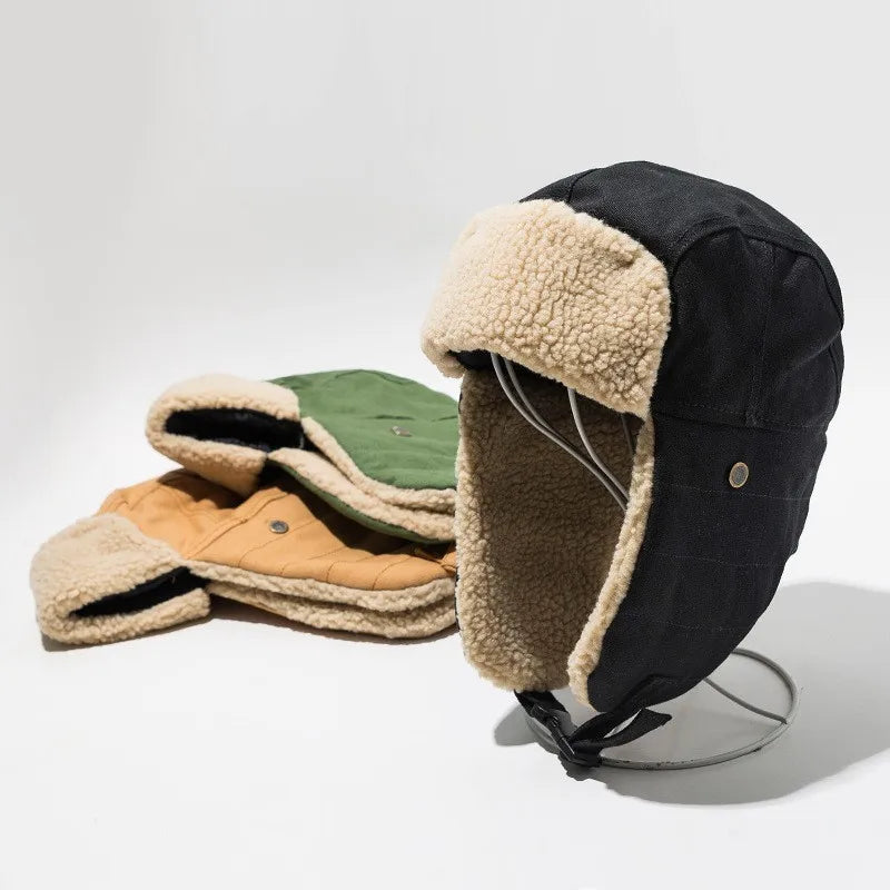 Men's Winter Keep Warm Bomber Hats Thick Windproof Lamb Wool Outdoor Skiing Cap