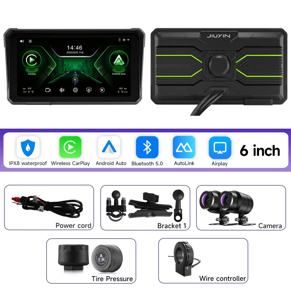 6 Inch Motorcycle 2K HD Multimedia Player GPS Navigation Wireless Carplay Android Auto IPX8 Waterproof Touch Screen Bluetooth