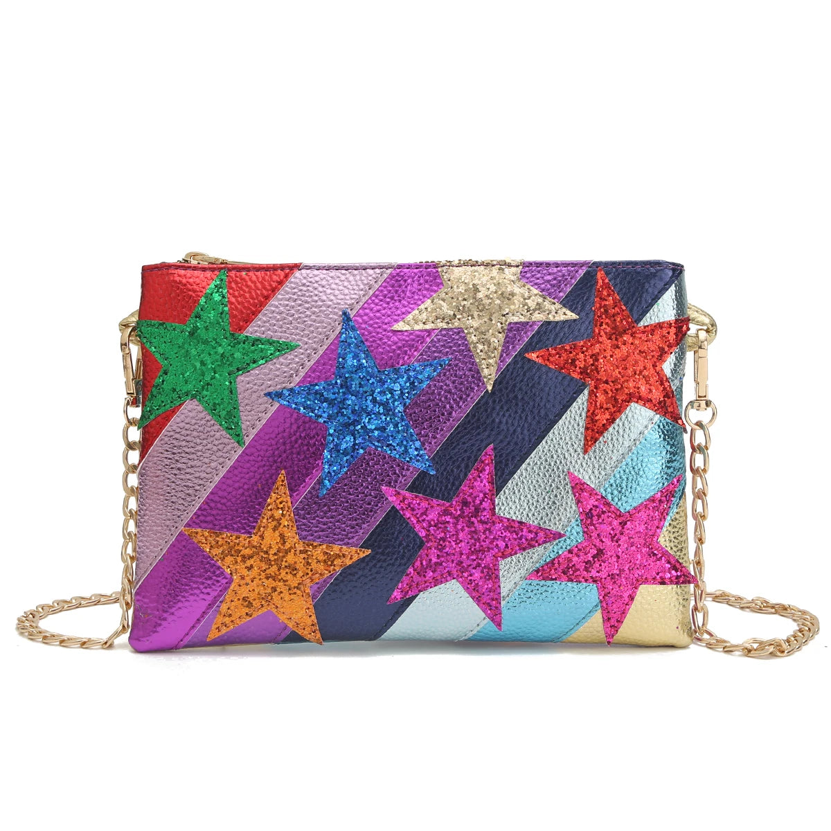 Luxury Chic Women Metallic PU Vegan Leather Square Clutch Stars Pattern Colorful Stripes Chain Shoulder Handbag Party Date Gift