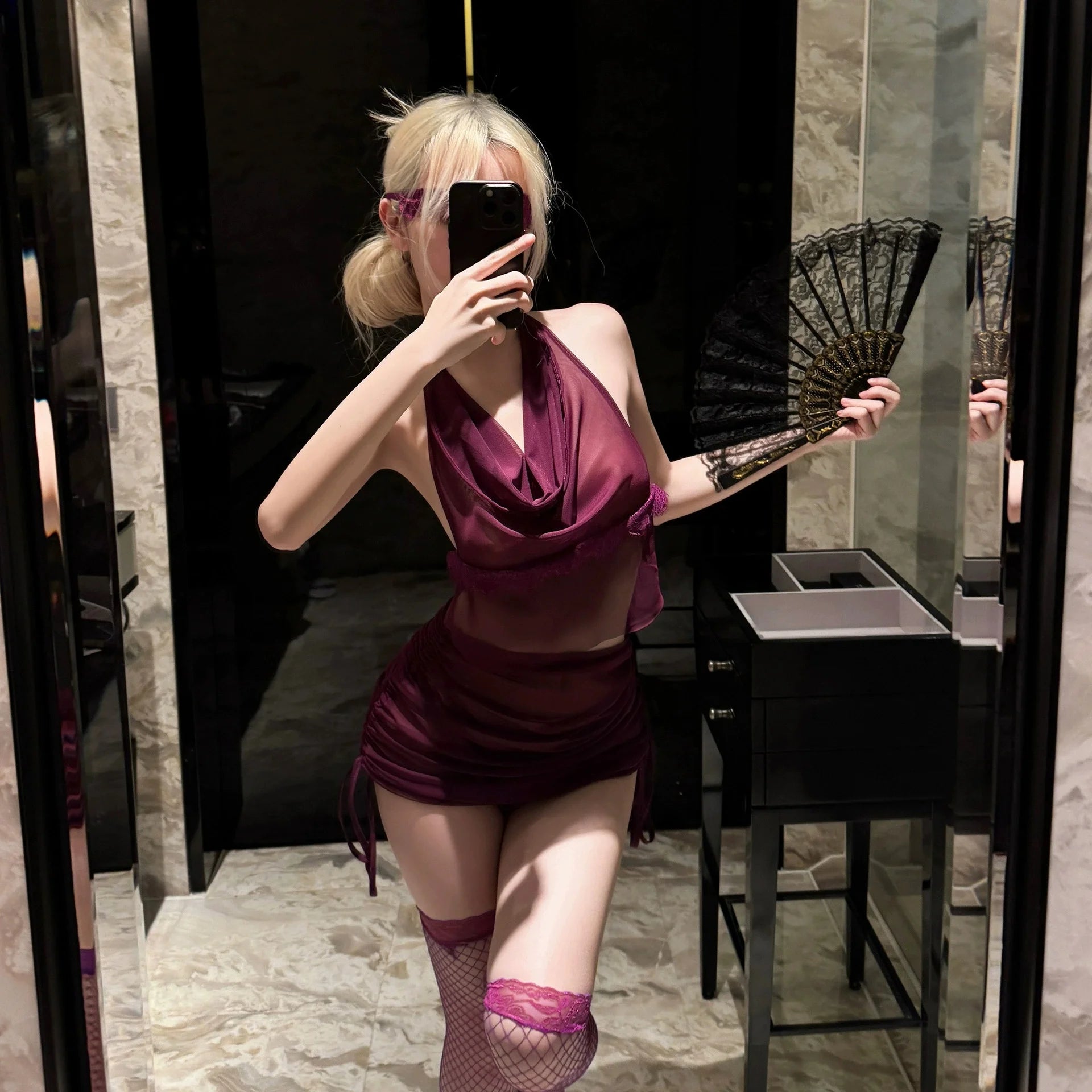 Pure Desire Purple See-through Halter Sexy Lingerie Sexy Hanging Neck Swing Collar Mesh Nightdress Split Drawstring Suit Women