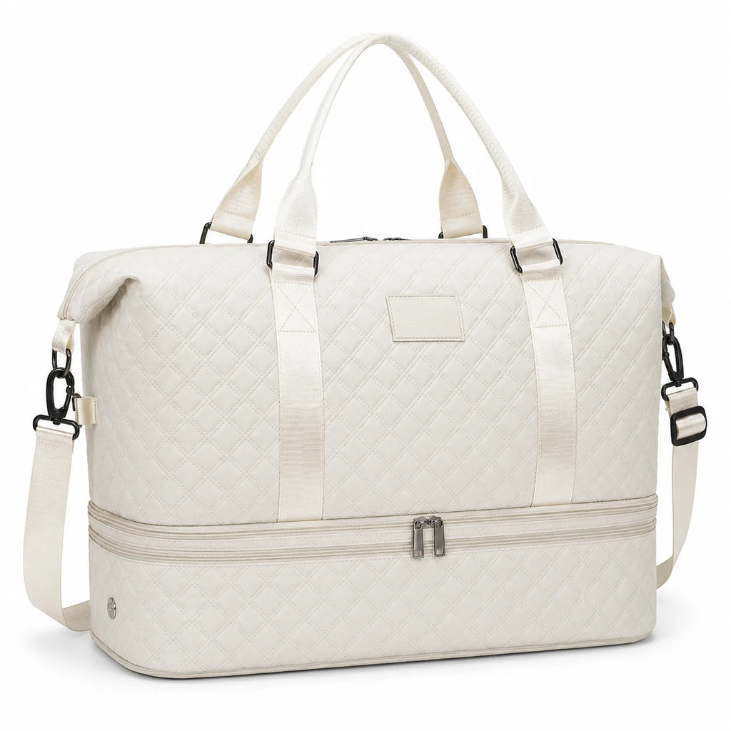 Large Quilted Travel Duffle Bag with Separate Bottom Compartment and Adjustable Shoulder Strap for Weekend and Gym