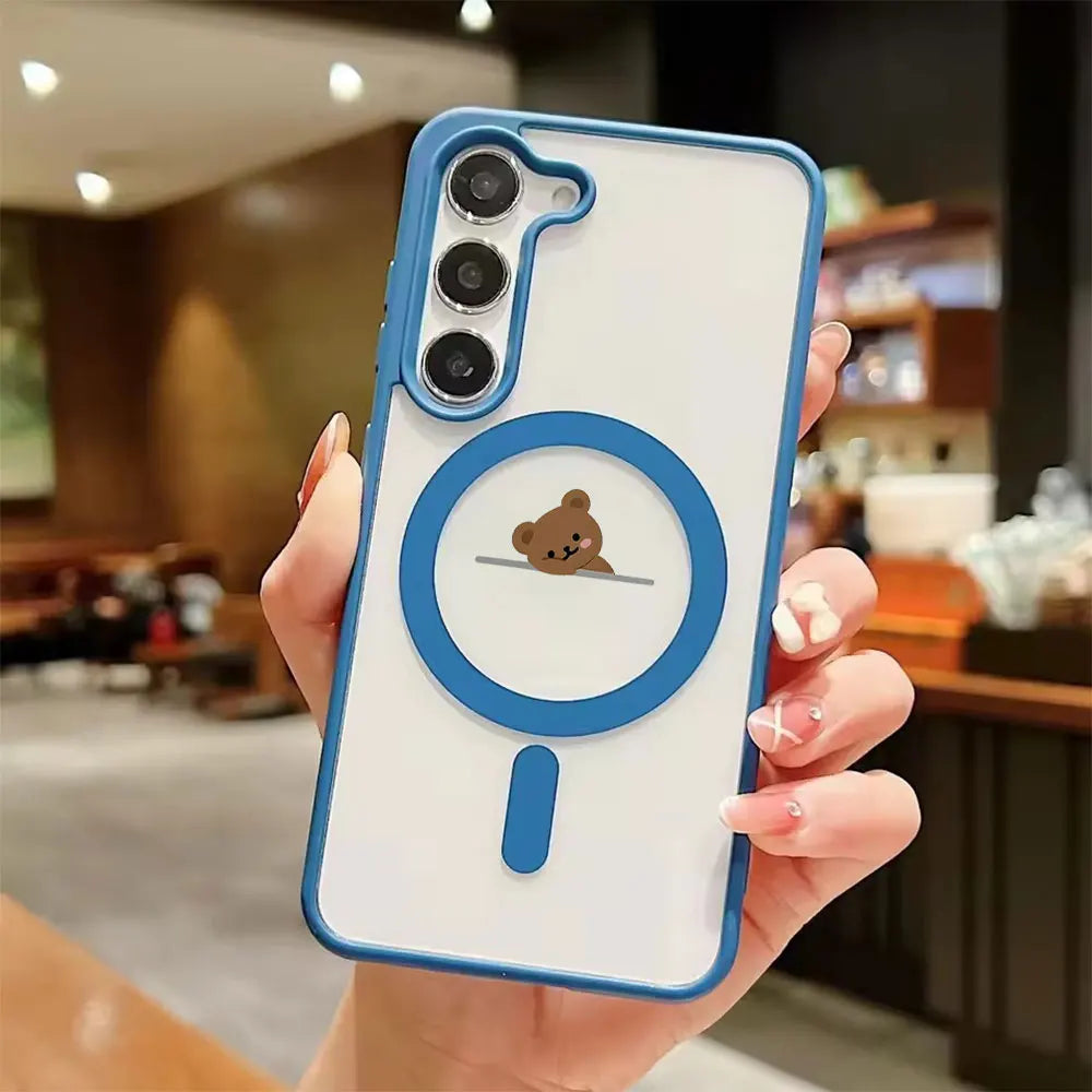 Cartoon Cute Bear Magnetic Wireless Charging Phone Case For Samsung Galaxy S26 S25 S24 S23 S22 Ultra Plus FE Soft Bumper Cover