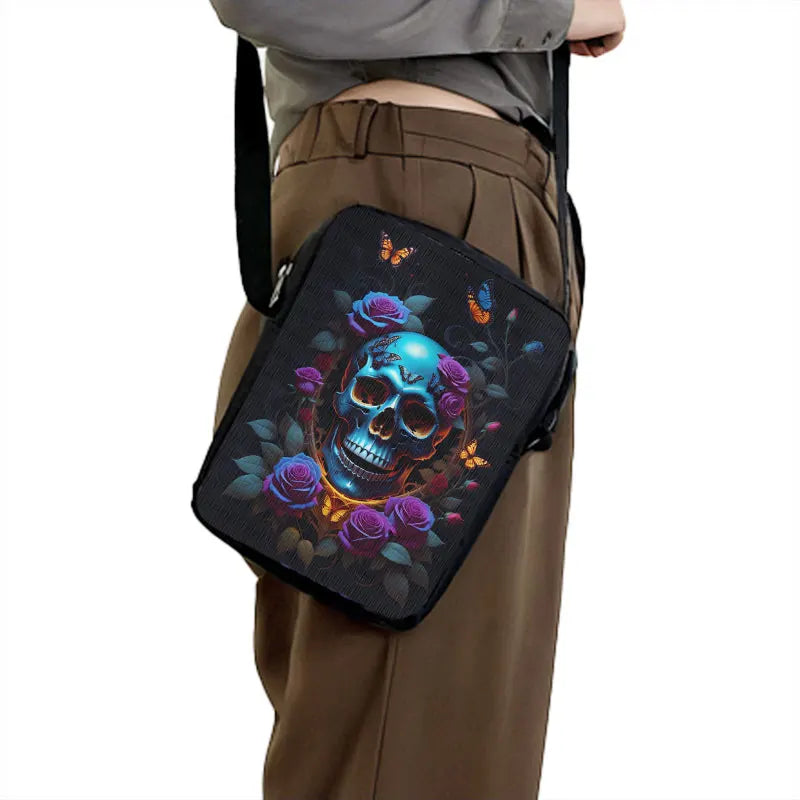 Skull Rose Butterfly Print Crossbody Bag Women Shoulder Bags for Travel Handbags Phone Holder Student Messenger Bags Gift
