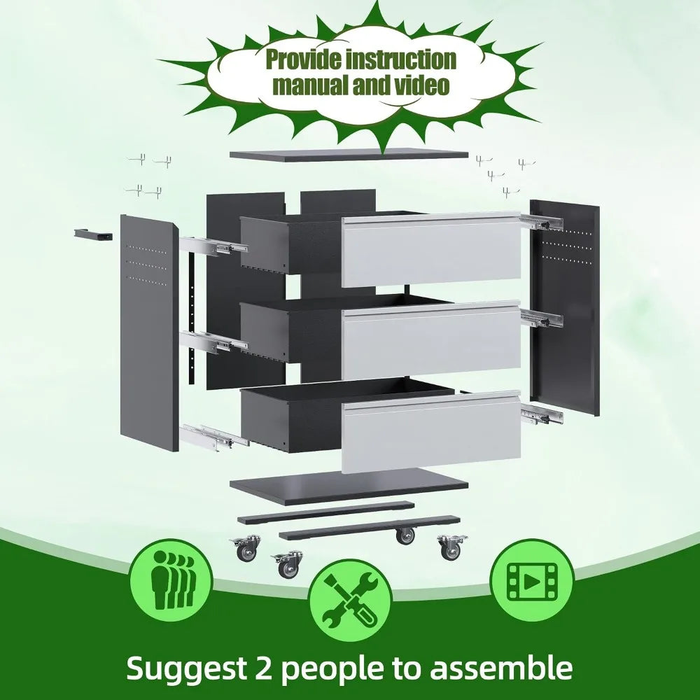 Metal Rolling Storage Cabinet with Drawers and Pegboards for Workshop, 18.11D x 30.3W x 35.4H Inches