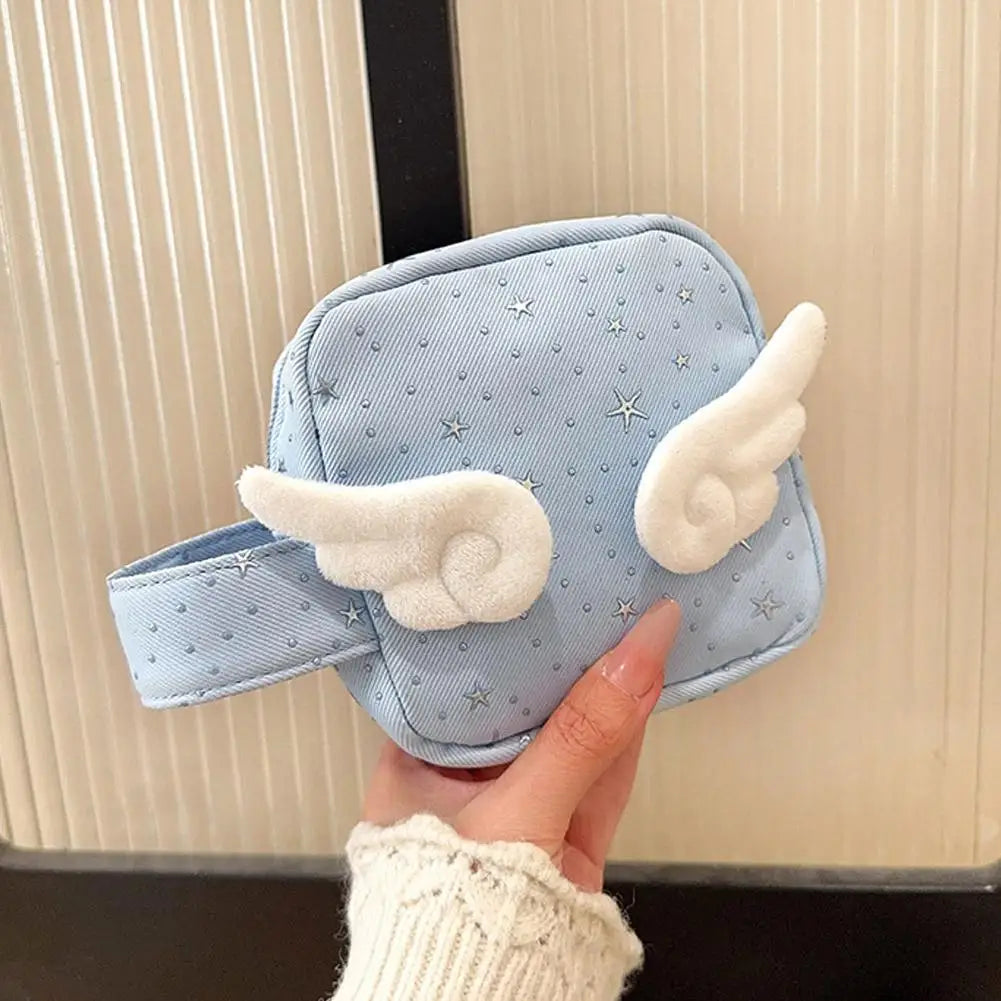 Angel Wing Silver Star Makeup Bag Large Capacity Travel Cosmetic Pouch Cute Sanitary Pad Organizer Lipsticks Wallet Girls Gift