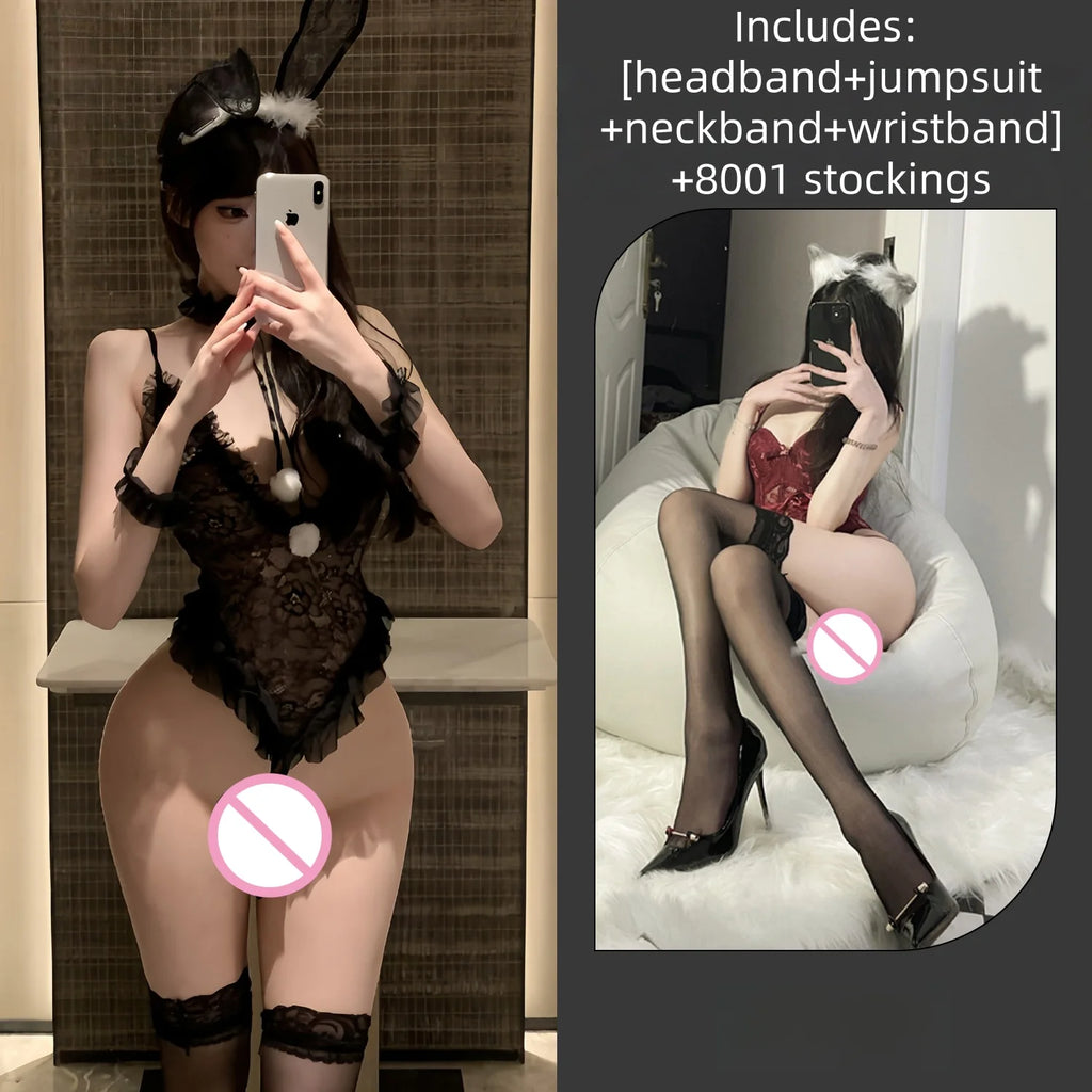 Temptation Backless Exposed Flirtatious Slit Sexy Self-cultivation Erotic Lingerie Women Lace Jumpsuit See Through Camisole Suit