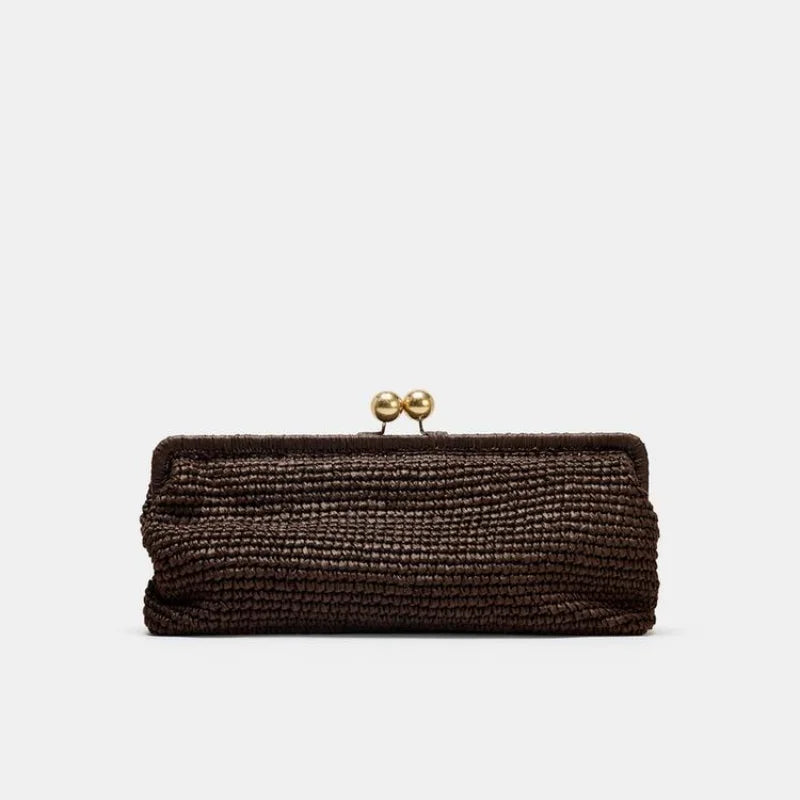 Handmade Woven Clutch Bag For Women Coffee Raffia Handbag with Chain Crossbody Summer Beach Bag