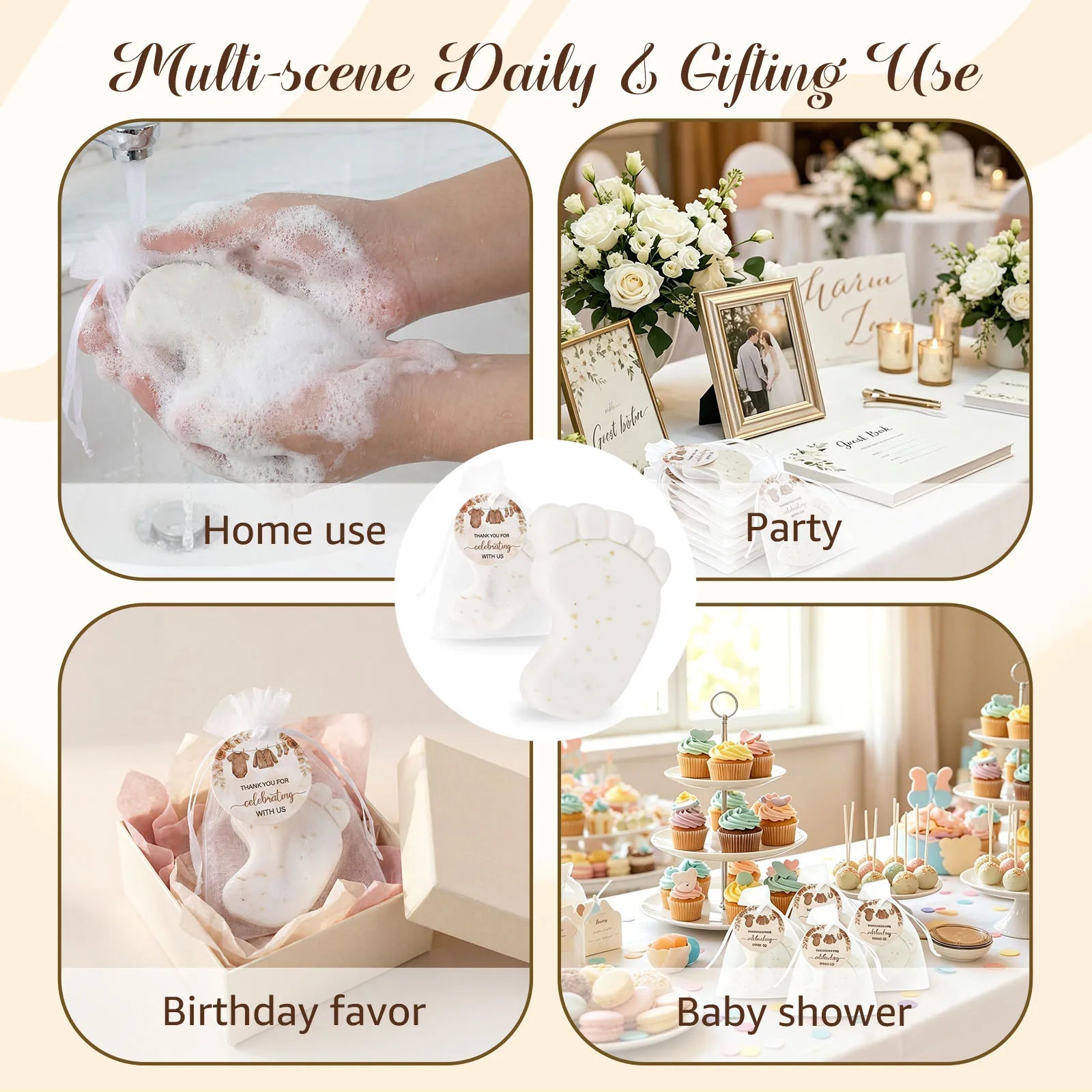 50 Sets Baby Shower Favors Cute Footprint Oatmeal Glycerin Soaps with Organza Bag and Thank You Card Keepsake Present for Guests