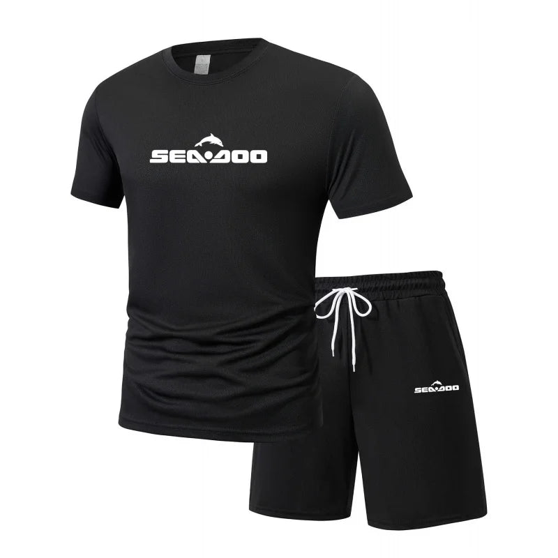 Sea Doo Seadoo Moto Printed Men's Running T-Shirt And Shorts Set Casual Elastic round Neck Sports Suit Quick Dry Comfortable