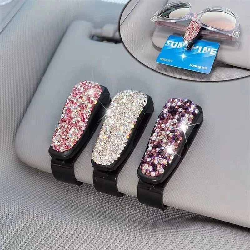1PCS Bling Sunglasses Eyeglasses Holder Rhinestone Diamond Sun Visor Glasses Fastener Clip Portable Clip Auto Car Ornament