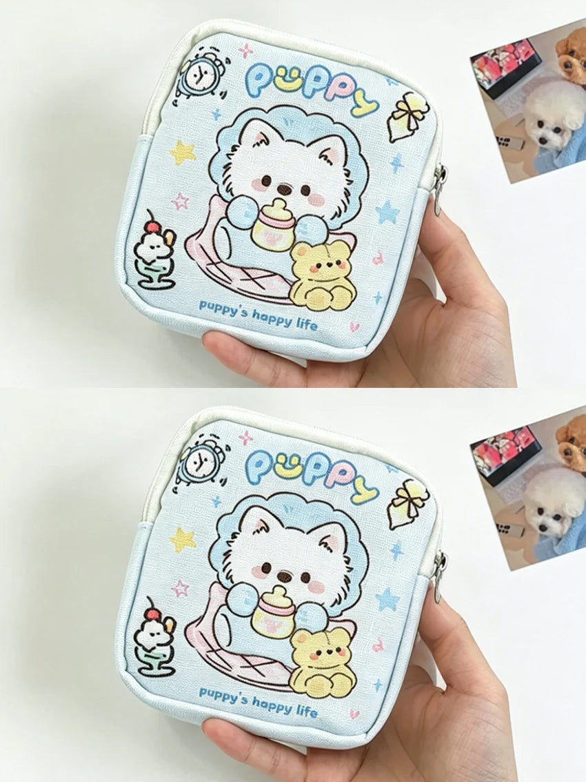 Cute Puppy Print Storage Pouch, Light Blue Handheld Organizer for Cosmetics, Cables, Coins, Travel Must-have