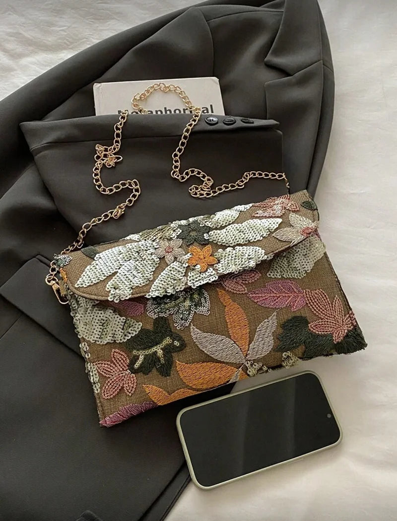 Sequin Embroidered Floral Envelope Bag, Women's Fashionable Sequin Patchwork Clutch Bag, Party Evening Bag, Irregular Cut Design, Suitable for Women, Ideal for Parties, Weddings, Balls, Perfect for Parties, Weddings, Ball Din