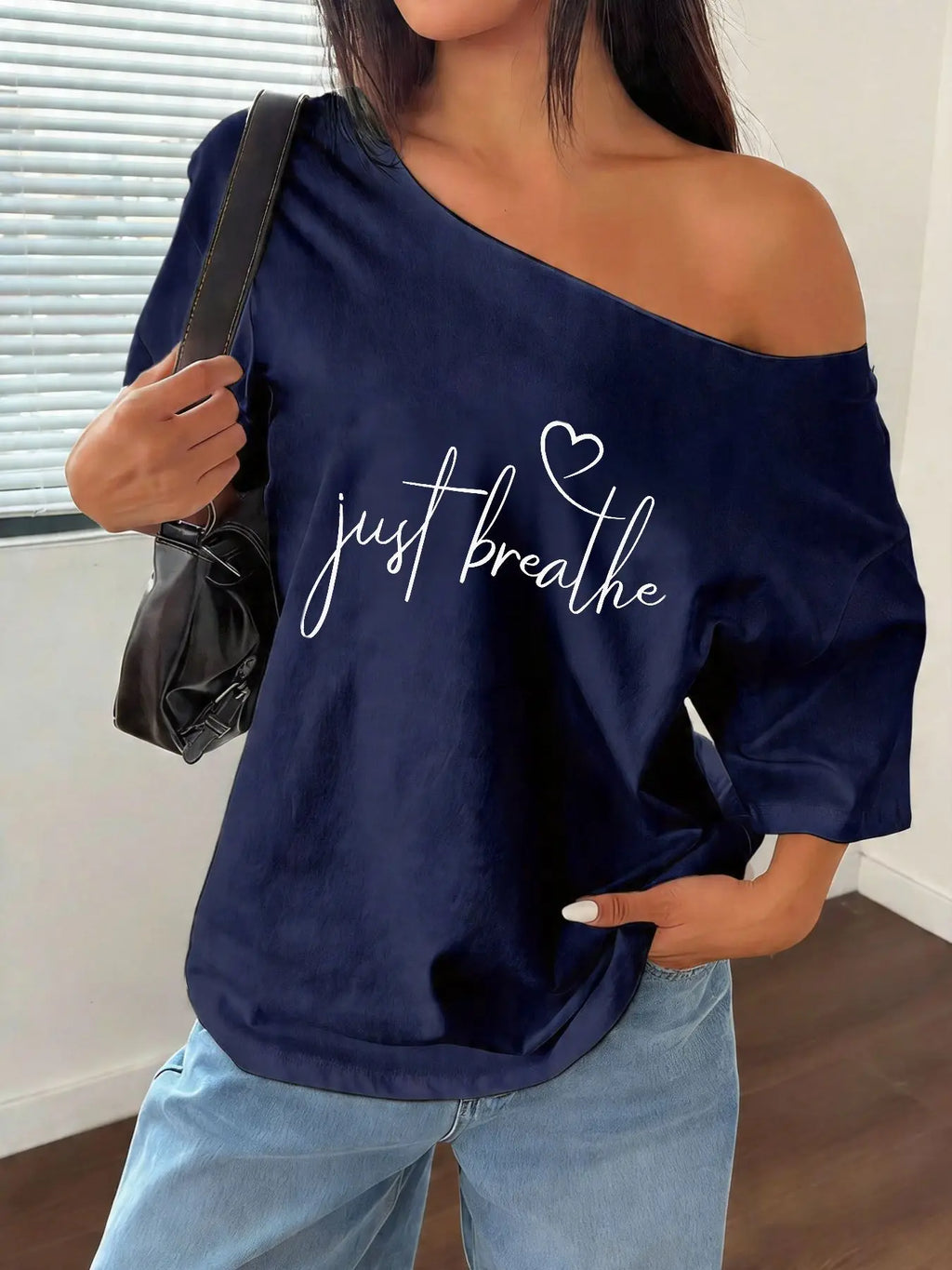 100% Cotton Plus Size Just Breathe Heart Letter Print Shoulder Loose Print T-Shirt Oversized Y2K Style Graphic Tees Women Top