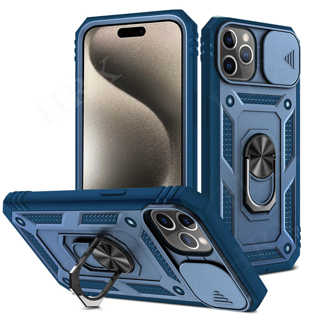 Case For iPhone 16 15 14 Pro Max 13 12 11 Pro Plus 360 Full Body Rugged Protective Slide Camera Stand Protection Ring Cover