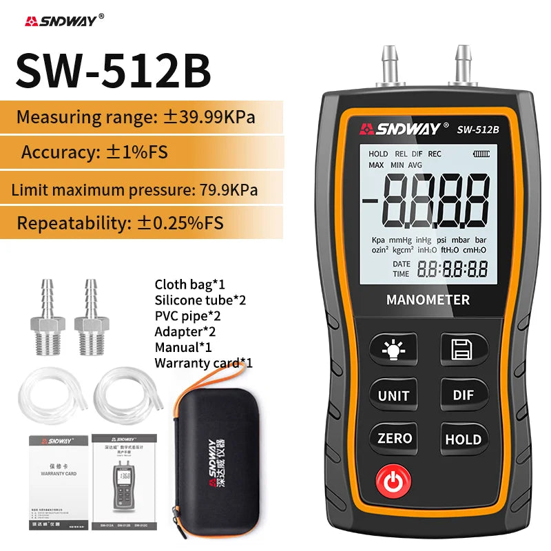 SNDWAY SW-512 Digital Pressure Gauge Differential Gas Pressure Gauge Measuring Instruments, Barometric Gauges/SW-512B/SW-512C
