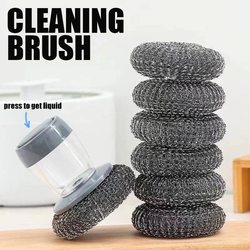 1~5PCs Automatic Liquid Adding Pot Washing Brush Stainless Steel Press Brush Kitchen Tool Household Cleaning Brush