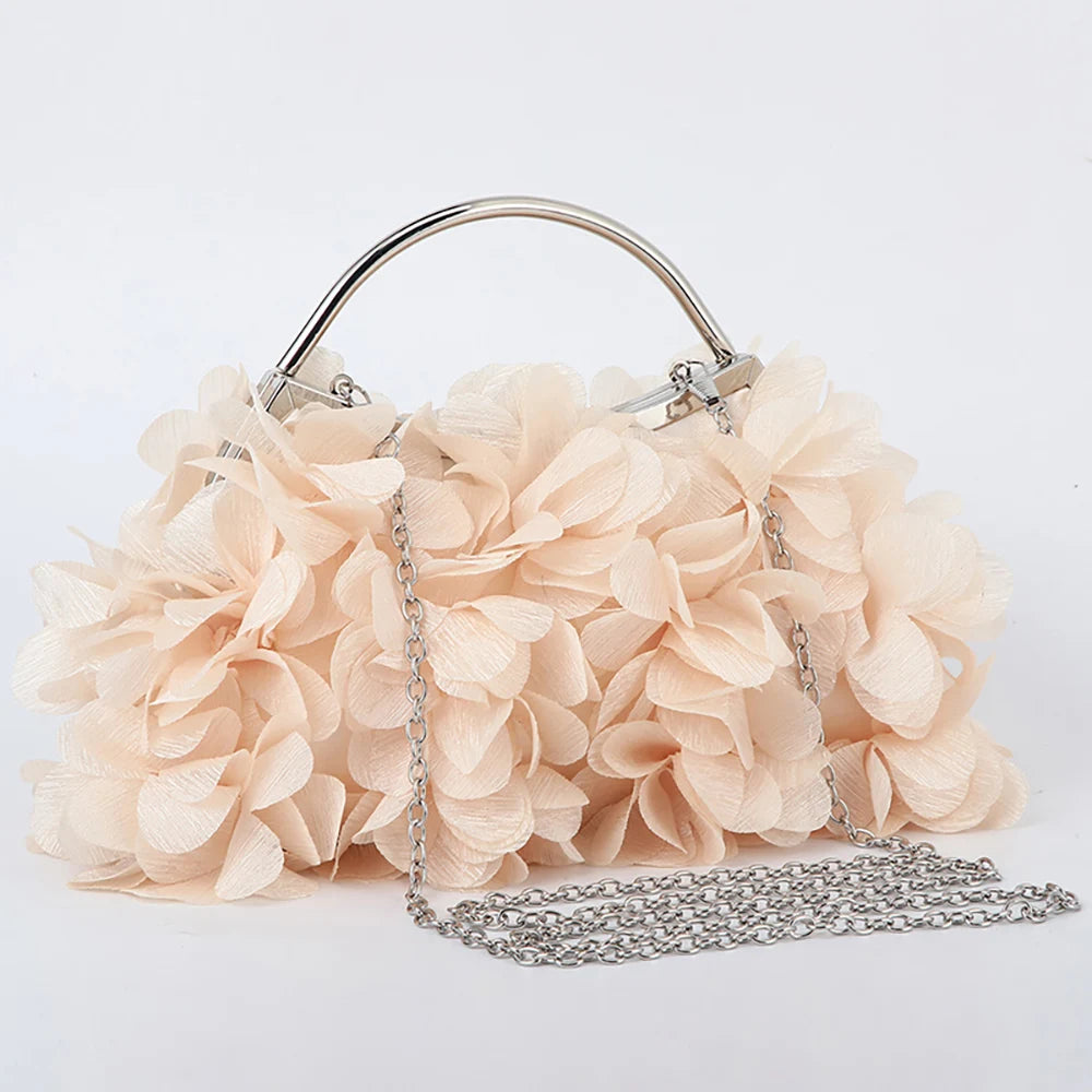 Flower Evening Clutch Purse Sweet Style Floral Wedding Romantic Bridal Handbag Metal Handle Banquet Dinner Dress Bags with Chain