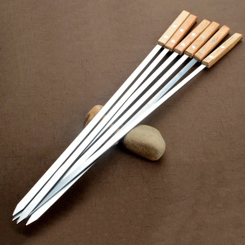 6Pcs/Set Barbecue Meat String Skewer Chunks of Meat Stainless Steel Natural Beech Handle Roast Stick for BBQ Outdoor Picnic