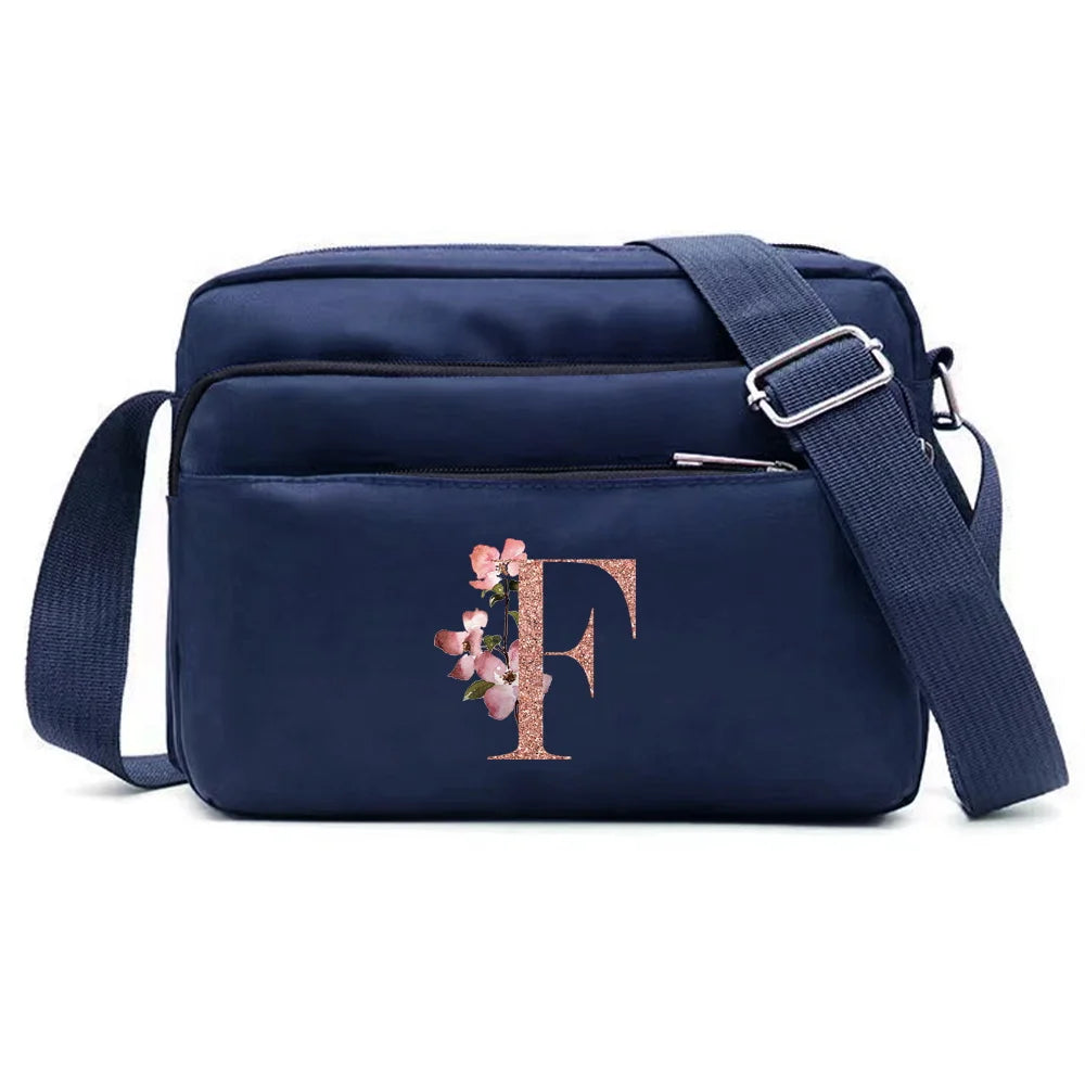 Large Capacity Travel and Commuting Storage Blue Bag Rose Gold Series Print Pattern Multi-layer One Shoulder Crossbody Bag