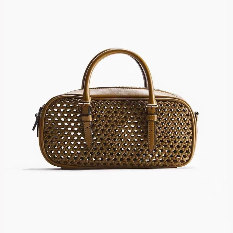 Vintage Hollow-Out Handheld Boston Bag Retro Top-Handle Shoulder Tote Lady Premium Commuter Purse Women Daily Office Satchel