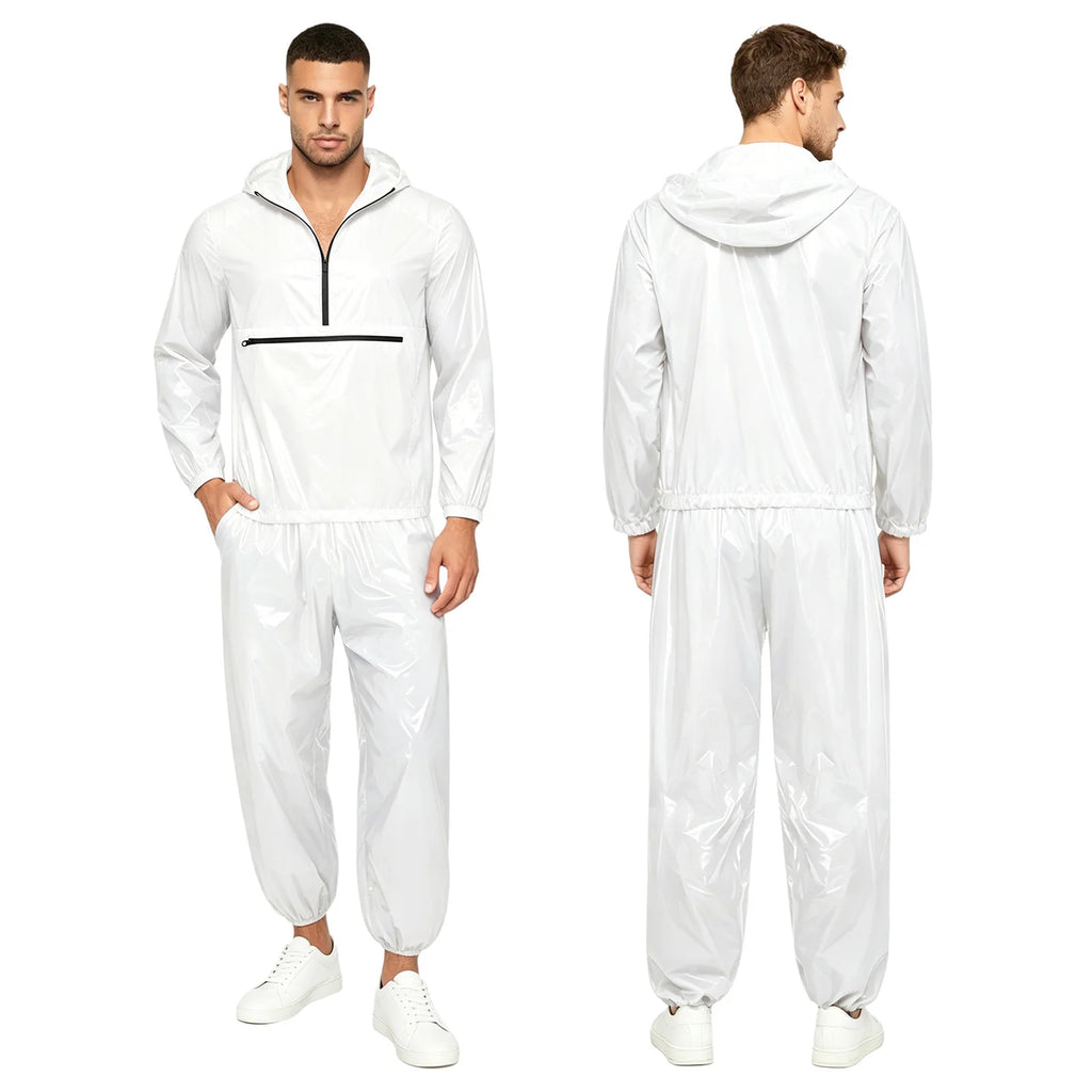 Mens Waterproof Tracksuit Sauna Sweat Outfit Zipper Pocket Hoodie Sweatshirt Windbreaker And Jogging Pants Rainwear Sportswear