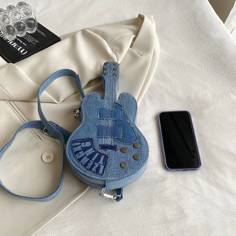 Export New Arrival Denim Guitar Bag, Indie Rock Grunge Shoulder Bag, Niche Fashion Statement, Instagram-Ready Unisex Purse