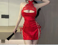 Chinese Retro Strap Cheongsam Perspective Hollow Out Side Slit Hanging Neck Sexy Temptation No Take Off Uniform Sexy Lingerie