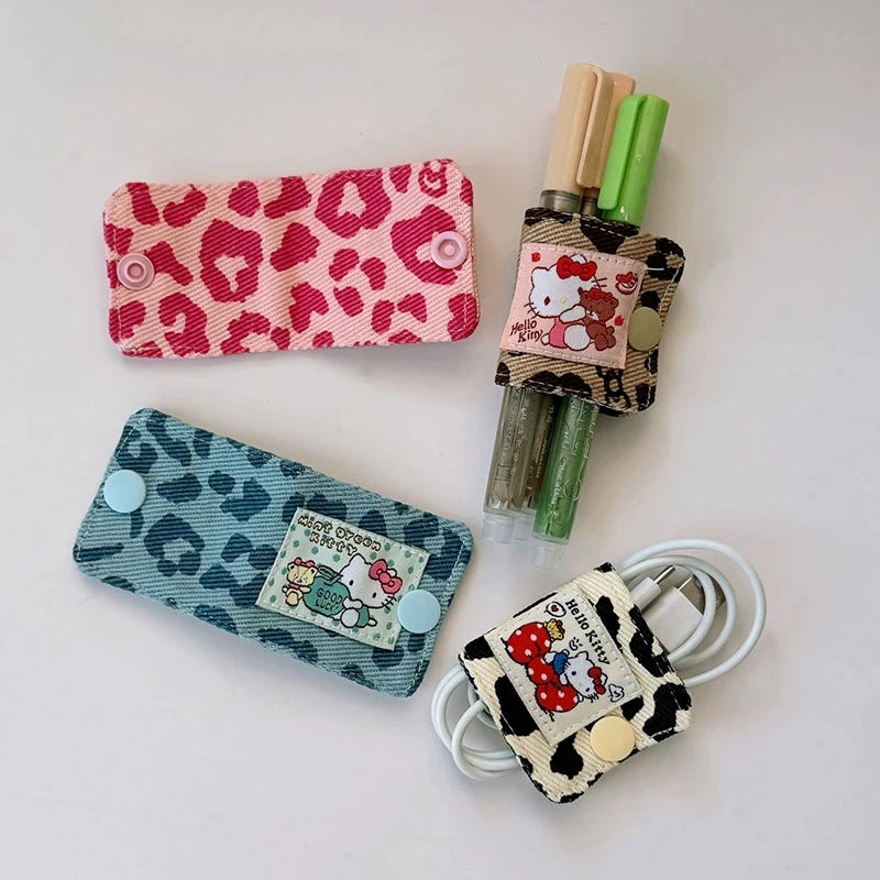 Sanrio Hello Kitty Leopard Print Denim Fabric Data Cable Storage Clip Charging Cable Wired Earphone Brush Storage Gifts for Girl