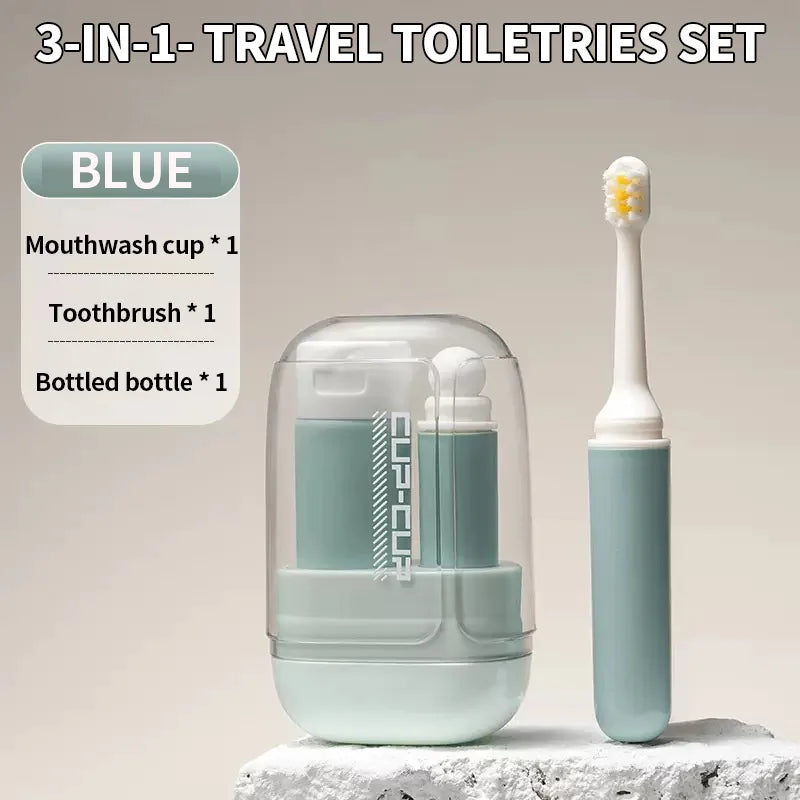 Travel toiletries set -3-in-1 convenient mouthwash cup, toothbrush, toothpaste storage box - essential for business trips