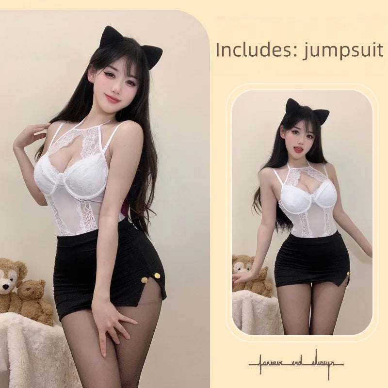 New Wrapped Hip Skirt Tight-fitting Hot Sleeveless Flirtatious Lace Mesh See Through Hollowed Out Neckband Tie Lingerie Jumpsuit