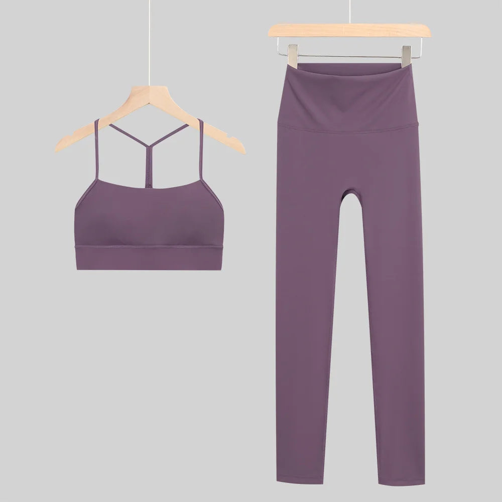 New Yoga Women Vest Gym Top Y-shape Bra Set Comfortable Running Fitness Cropped Pants Sportswear